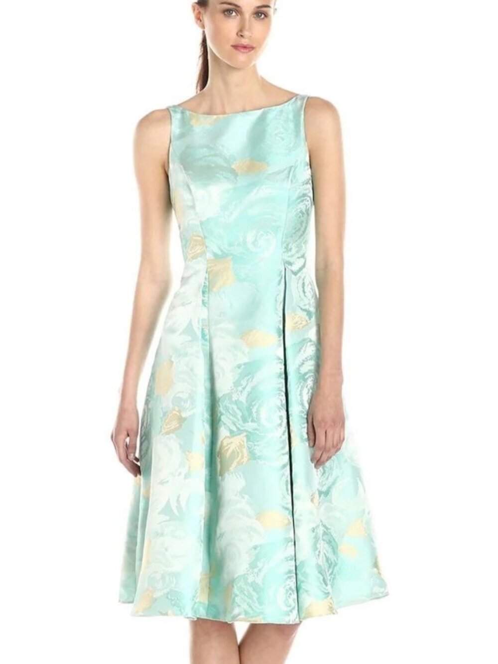 Turquoise blue floral jacquard pleated midi cocktail dress with pockets size 8